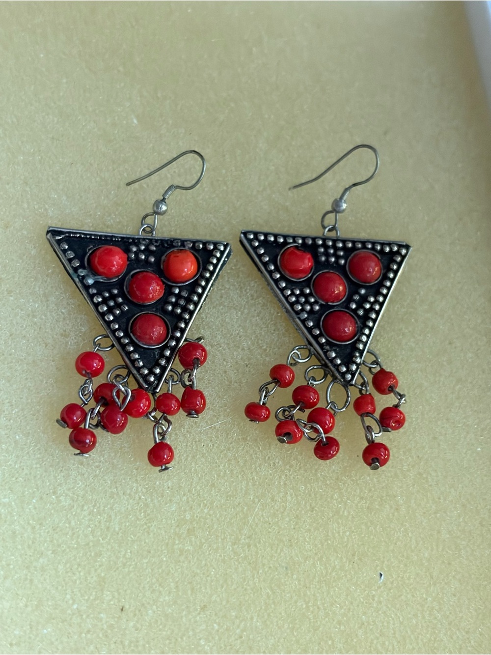 Red Beaded Triangle Dangle Earrings - Women Jewelry